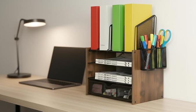 Wooden Desk Organizer - 4-Tier Desktop File Organizer with Drawer, Wooden Paper Tray, Vertical File Holders & 2 Pen Holders - Office Desk Organizer for Papers, Mail, Notebooks, Stationery