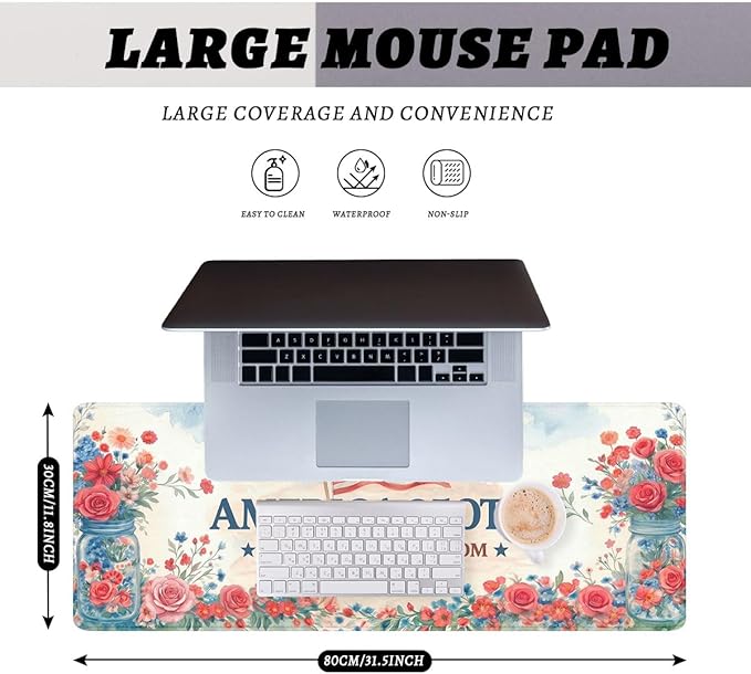 America 250 Gaming Mouse Pad Flowers Floral America Flag Large Gaming Mouse Mat with Stitched Edges,Non-Slip Waterproof Rubber Base Mous Mat 31.5x11.8 Inch