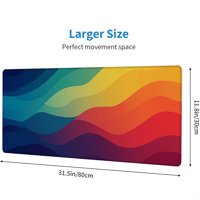 Rainbow Mousepad Colorful Retro Abstract Blue Red Yellow Mousepad Extended Large Laptop Keyboard Non-Slip Rubber Base with Stitched Edges for Home Office Computer Keyboard Laptop 31.5x11.8 Inch