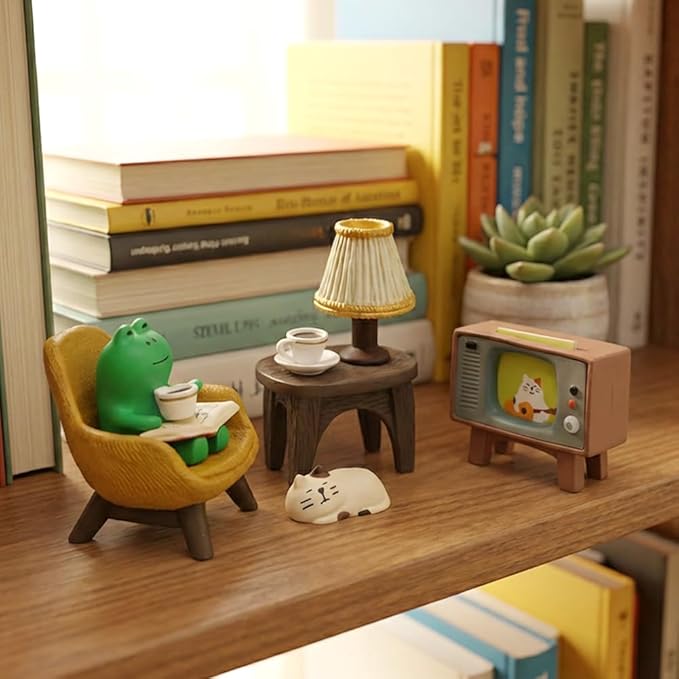 Miniature Tabletop Figurine Set, Cute Mini Frog and Cat Figurine with Small Sofa TV Table Lamp for Home Office Bedroom Shelf Desk Decorative, Frog Cat Lovers Birthday Gift(Color:Multicolor)