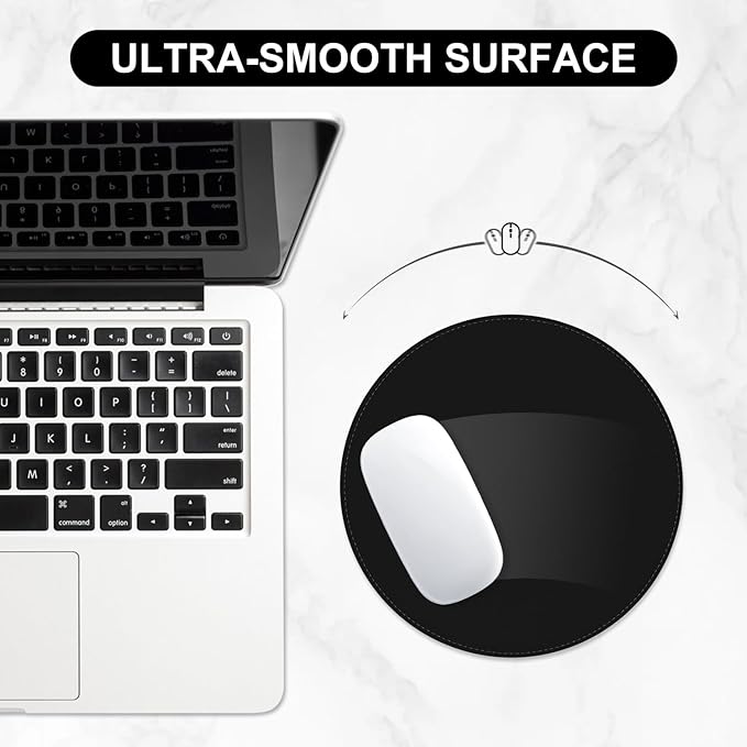 Leather Mouse Pad, Office Mouse Mat Non-Slip Rubber Base Stitched Edge Washable Waterproof Round Mousepad for Office Gaming PC Laptop, Round Diameter 8.7 inches, Black