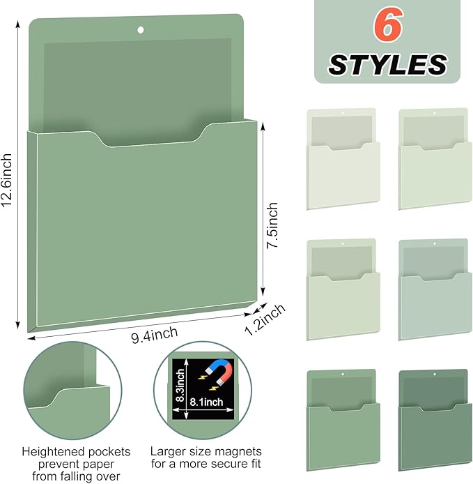 Fuutreo 6 Pcs Magnetic Wall File Organizer Magnetic Wall File Holder Refrigerator Magazine Holder for Mail Letters Paper(Sage Green,Vertical-large)
