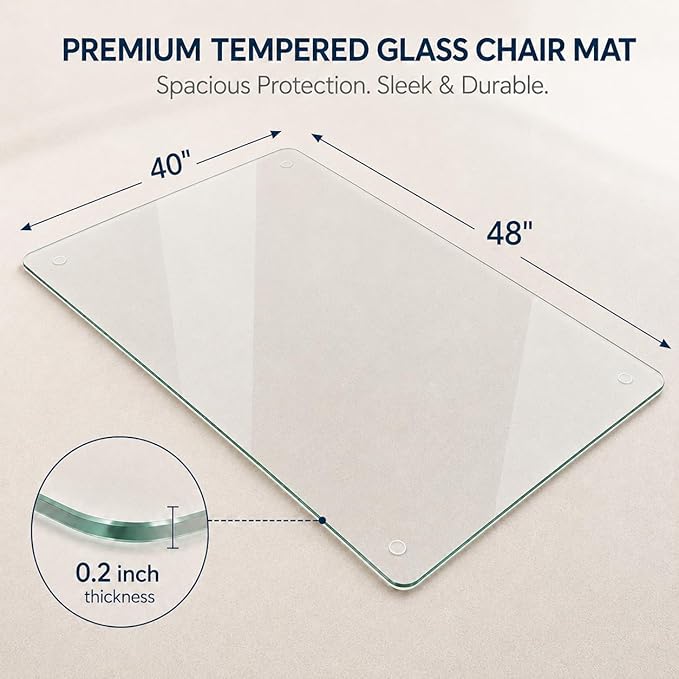 40 x 48 Inch Glass Chair Mat, 1/5 Inch Thick Tempered Glass Office Chair Mat for Carpet and Hardwood Floors, Heavy Duty Clear Computer Desk Floor Protector with 4 Anti-Slip Pads
