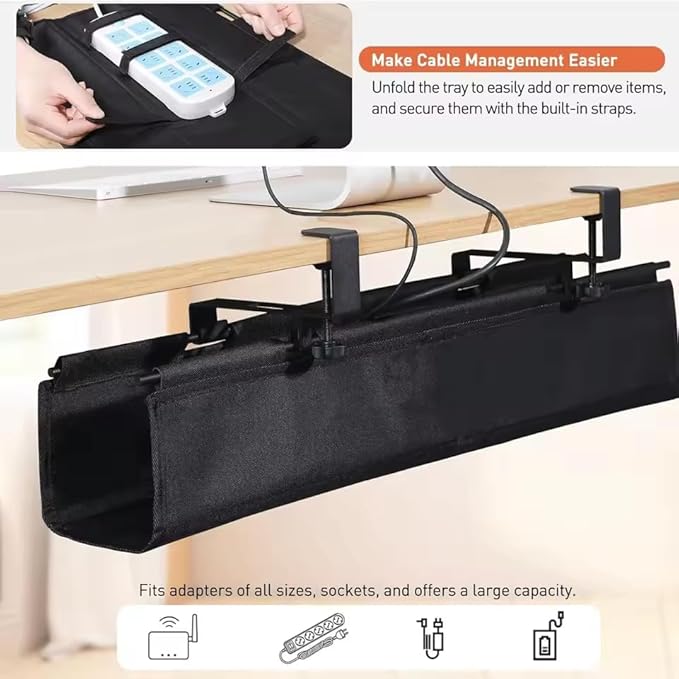 Under Desk Cable Management Tray, 27.5 Inch Fabric Cord Organizer with C Clamp, No Drilling, Fits Desks 0.1 to 2 Inch Thick, Holds Power Strip and Cables, Home Office, Black