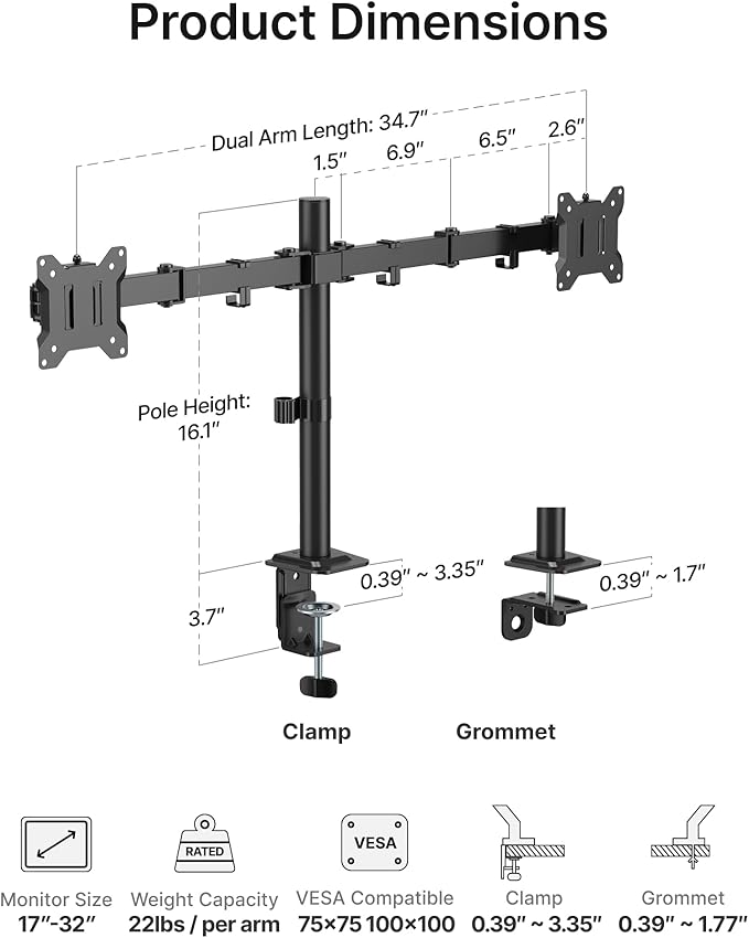 monTEK Heavy Duty Dual Monitor Stand for 17–32" Monitors, Stable Desk Mount with 22 lbs per Arm, Fully Adjustable Articulating Monitor Arm with Clamp & Grommet Base, VESA 75x75/100x100