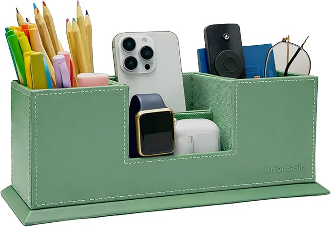 UnionBasic Desk Organizer, Desktop Caddy Leather Multi-compartment Pen Holder Office Stationer Organizer, Malachite Green