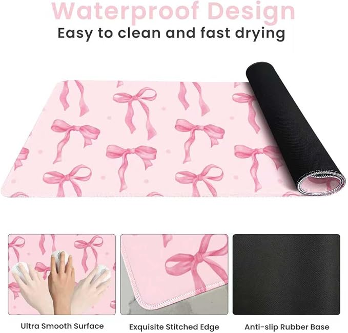 Pink Bow Mouse Pad, Desk Mat Large Bows Laptop Pad Computer Mat, Gaming Keyboard Mat Non-Slip Rubber Base Desk Pad, Stitched Edge, Cute Girly Pink Desk Accessories Women Office Decor 23.6" x 11.8"