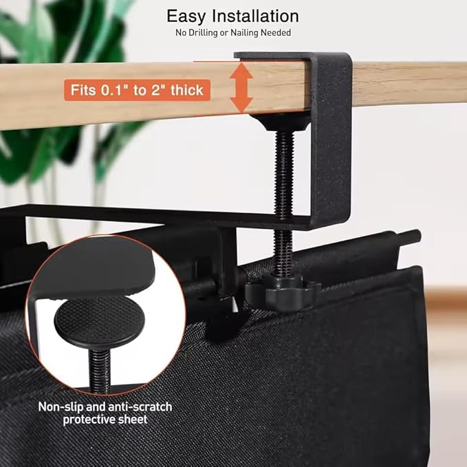 Under Desk Cable Management Tray, 27.5 Inch Fabric Cord Organizer with C Clamp, No Drilling, Fits Desks 0.1 to 2 Inch Thick, Holds Power Strip and Cables, Home Office, Black