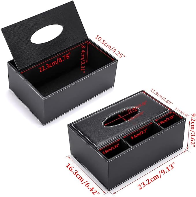 PU Leather Tissue Box Cover - Multifunctional Tissue Box Holder with Stationery Remote Control Box - Elegant and Stylish Home Napkin Holder Desktop Tissue Paper Holder Desk Storage Organizer (Black)