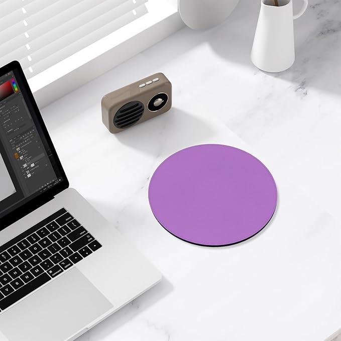 Leather Mouse Pad, Office Mouse Mat Non-Slip Rubber Base Stitched Edge Washable Waterproof Round Mousepad for Office Gaming PC Laptop, Round Diameter 8.7 inches, Purple