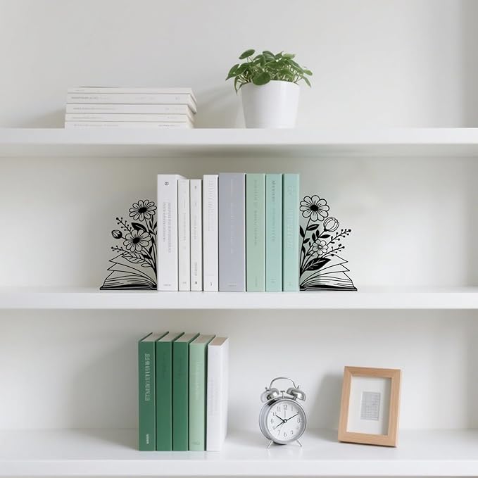 Metal Bookends Flower & Book Bookends Decorative Cute Book Ends for Shelves Bookshelf Reading Decor Bookshelf Decor Space-Saving Desk Organizer for Book Lovers Gift