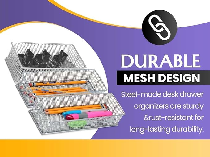 YBM HOME Silver Mesh Drawer Cabinet and or Shelf Organizer Bins, School Supply Holder Office Desktop Organizer Basket 1591s (1, 6x12x2 Inch)