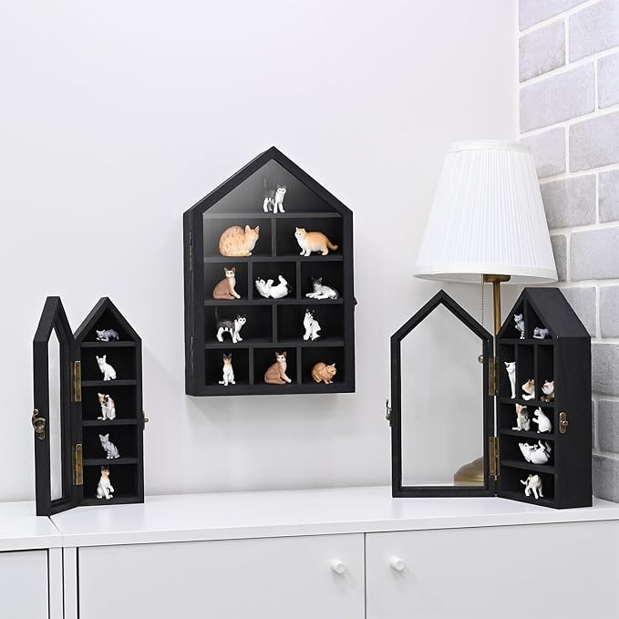 Ikee Design 3 Pcs Set Wall-Mounted House-Shaped Wooden Shadow Cubby Box Display Shelf with Door Storage Display Case for Collectibles, Trinkets, Mini Figures, Black Color, 21.1W x 3.1D x 14.8H in