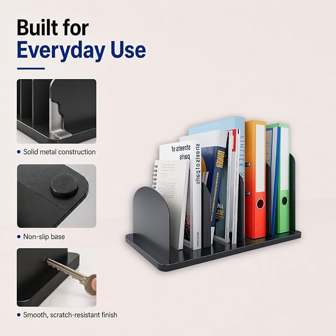 CraftSaints Vertical Desk File Organizer, 4 Sections, Solid Metal Dividers, Modern Minimalist Design Desk Top File Holder for Home, Office & Classroom