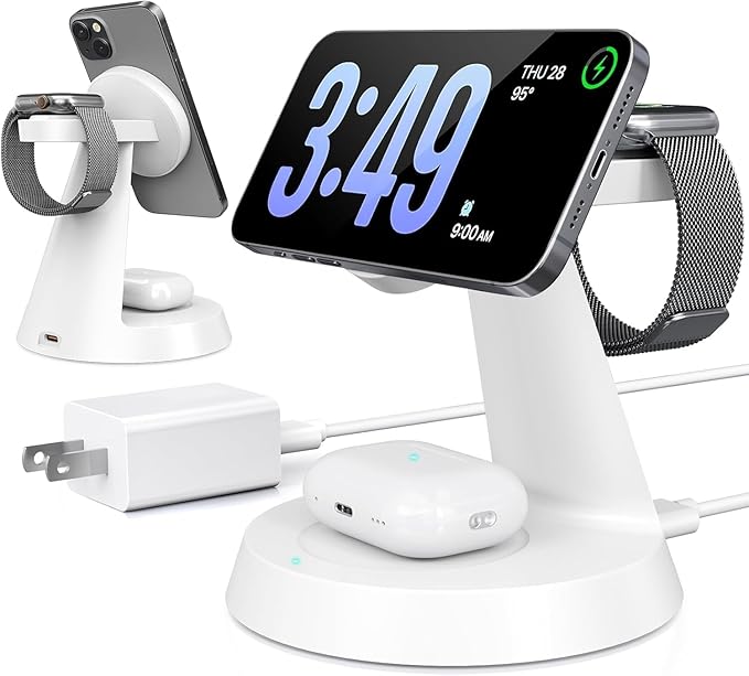 iPhone Charging Station 3 in 1 Wireless Charger for Apple Devices, 15W MagSafe Stand Compatible with iPhone 17 16 15 14 13 12 Pro Max Plus, Charging Dock for AirPods 4 3 2 & iWatch Series (White)