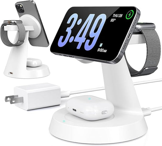iPhone Charging Station 3 in 1 Wireless Charger for Apple Devices, 15W MagSafe Stand Compatible with iPhone 17 16 15 14 13 12 Pro Max Plus, Charging Dock for AirPods 4 3 2 & iWatch Series (White)