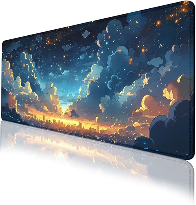 Clouds Sky Gaming Mouse Pad Cartoon Dreamy Night White Clouds Stars Large Gaming Mouse Mat with Stitched Edges,Non-Slip Waterproof Rubber Base Mous Mat 31.5x11.8 in