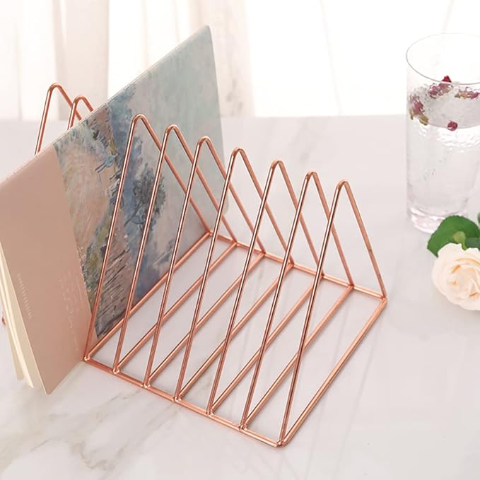 Sooyee 9 Slot Rose Gold Magazine Holder, Desktop File Sorter Organizer Triangle Bookshelf Decor for Home Office, 10.2" L x 7" W x 6.9" H, Iron Wire