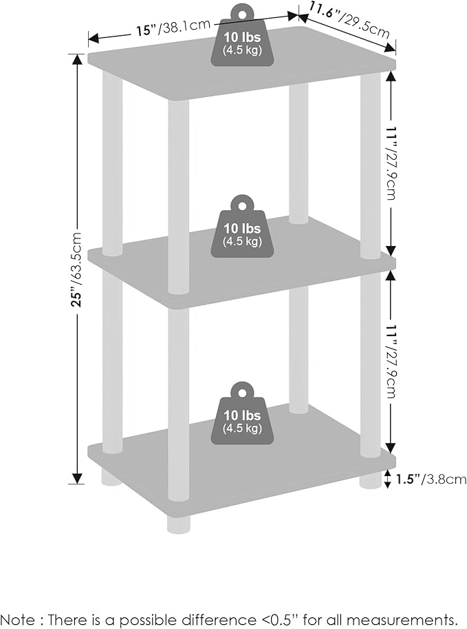 Furinno Turn-N-Tube Side Table, 2-Tier End Table with Open Shelf, Easy Assembly Night Stand, Bedside Table with Round Poles, for Living Room, Bedroom, Walnut