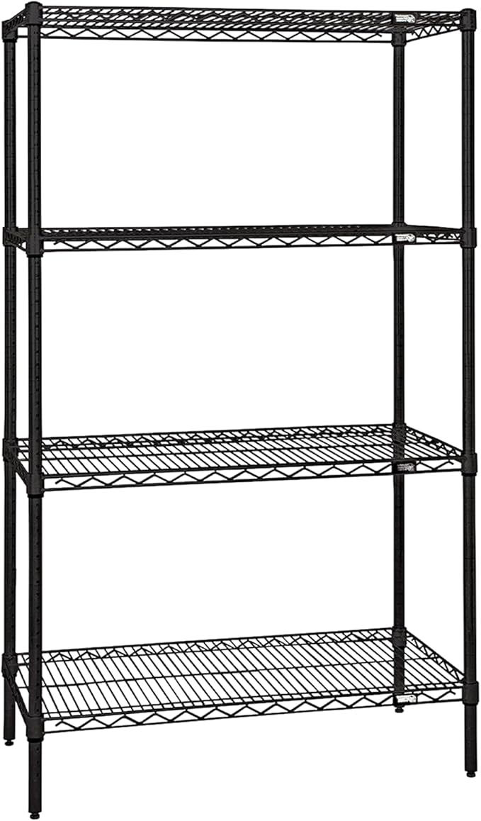 Quantum Storage Systems WR74-1260BK Wire Shelving Starter Kit, 60" W x 12" D x 74" H, 600 lbs Capacity, Carbon Steel, Epoxy Coated, Black, NSF