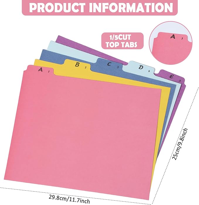 1 Set 25 Alphabet File Dividers A-Z Top Tab File Guides Letter Size 1/5 Cut Tab Manila Alphabetical Files Organizer Filing Cabinet Dividers for Work Office Home School Desk Organizer (Vibrant)