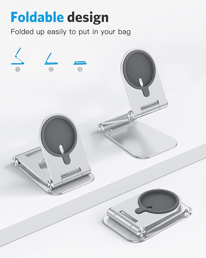 OMOTON Stand for MagSafe Charger, Foldable Phone Stand Holder for MagSafe Accessories， Compatible with iPhone 17/16/15/14/13/12 Pro Max/iPhone Air, [Charger for MagSafe Not Included], Silver