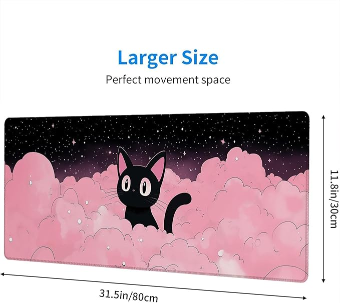 Cute Black Cat Gaming Mouse Pad Cartoon Galaxy Pink Clouds Kawaii Mousepad Extended Large Laptop Keyboard Non-Slip Rubber Base with Stitched Edges for Home 31.5x11.8 Inch
