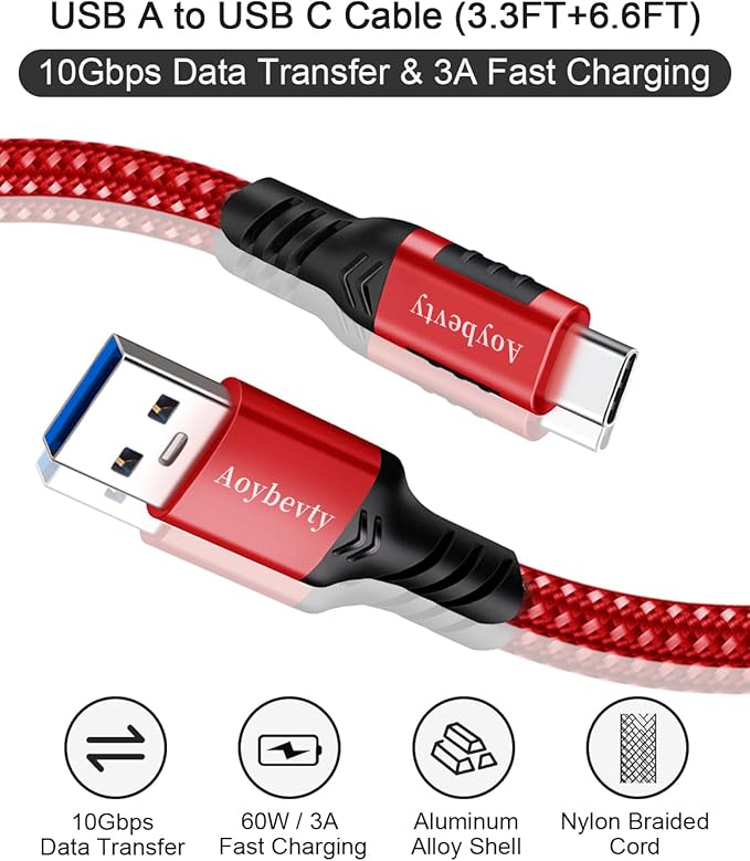 USB A to USB C Cable 3.3ft+6.6ft (Red), 10Gbps Data Transfer and 60W 3A Fast Charging Cable, USB C 3.1/3.2 Cable for Samsung Galaxy S22 S21 S20 S10 iPad Pro and Other Type-C Devices