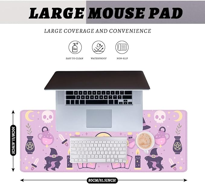 Cute Witch Desk Pad Mouse Pad Purple Cartoon Boho Magic Tarot Large Gaming Mouse Mat with Stitched Edges,Non-Slip Waterproof Rubber Base Mous Mat 31.5"x11.8"