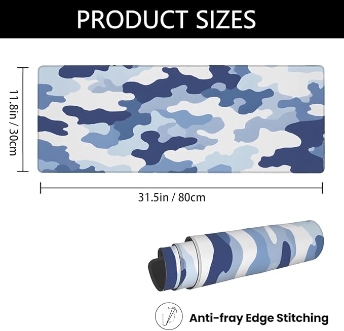 Large Mouse Pad Blue White Camouflage Non-Slip Rubber Long Gaming Desk Mat Big Computer Keyboard Mousepad Waterproof Protector Wristing Pad for Gaming Office Home Decorative 31.5 X 11.8 Inch