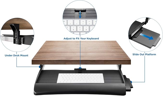 Mount-It! Under Desk Keyboard Tray, Slide-Out Keyboard & Mouse Drawer, 21" W × 11.75" D, Adjustable Height Platform with Left or Right Mouse Tray, Bolt-On Under Desk Keyboard Holder for Home Office