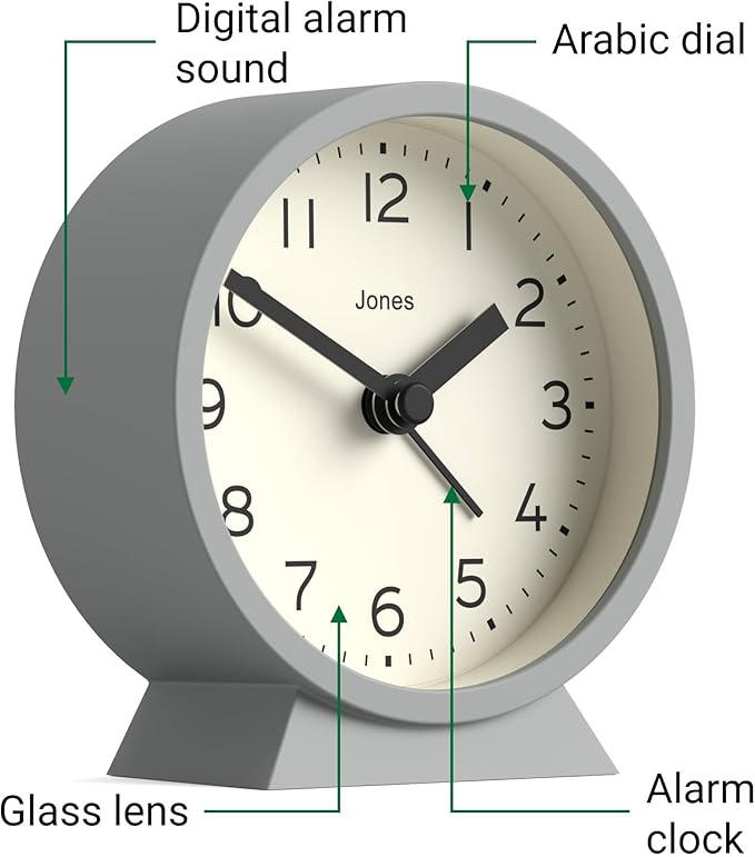 JONES CLOCKS® Midnight mini Alarm Clock | Contemporary Design | Gray | Stylish, Compact and Functional for Bedside, Desk or Shelf