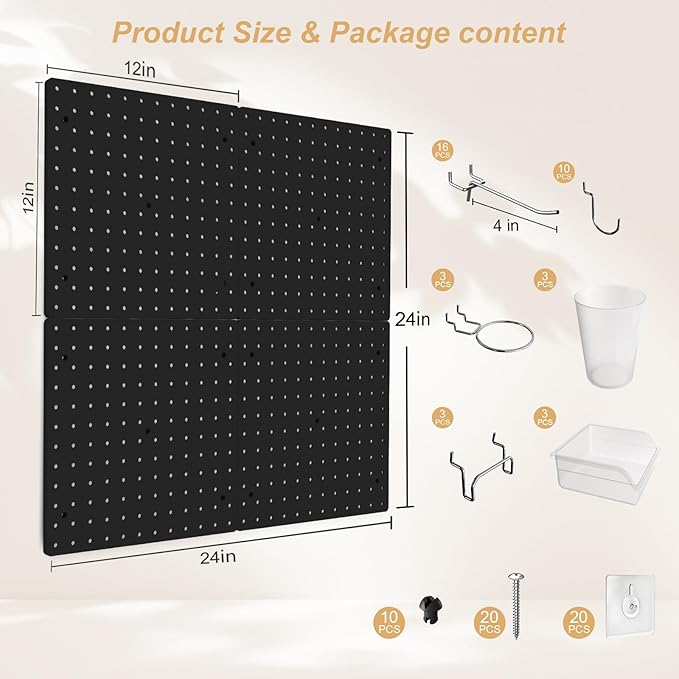 FZK Peg board Kit, Peg Board with Hooks, 30cm*30cm, Includes 4 Black Pegboards and Accessories, Plastic Pegboard,Pegboard Wall Organizer, Garage Storage