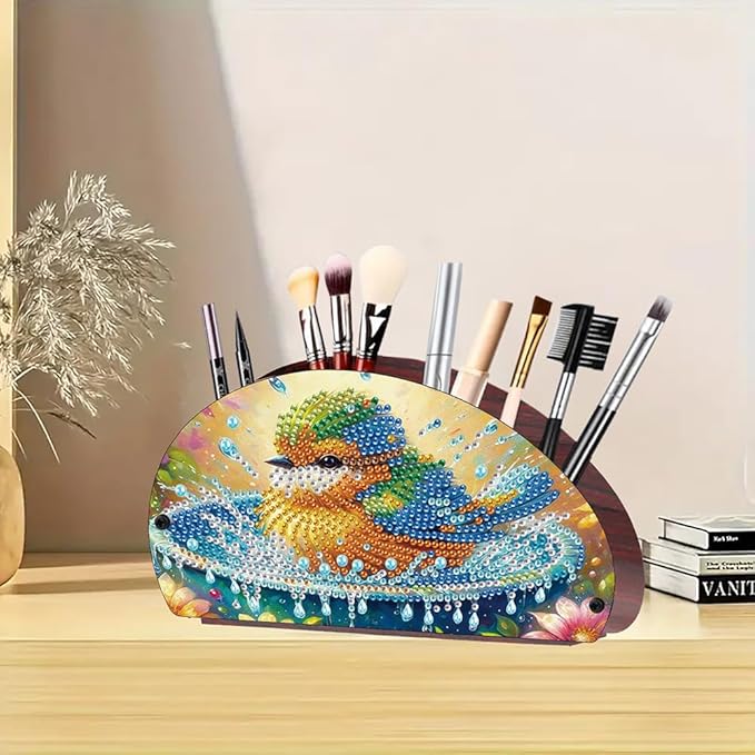 POETRYDRAW DIY Bird Diamond Art Painting Wooden Storage Box – Multi-Grid Moon Fan Makeup Brush Organizer, Double-Sided Drill Tabletop Holder for Women, Office & Home Decoration