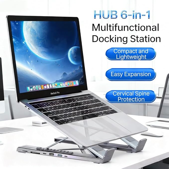 Laptop Docking Station Stand 6 in 1 USB C Portable Travel Laptop Stand with Docking Station 6-in-1 USB-C Hub with 2 USB 3.0 for MacBook Pro/Air Dock Tablet Stands(6 in 1)