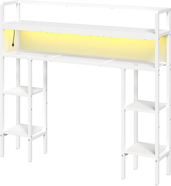 MAHANCRIS Desk Shelf, 43.3" Desk Hutch with Light Strip, Office Desktop Organizer, 5 Tier Desktop Bookshelf for Computer Monitor, Storage Rack for Study, Home Office, White DSWT9801