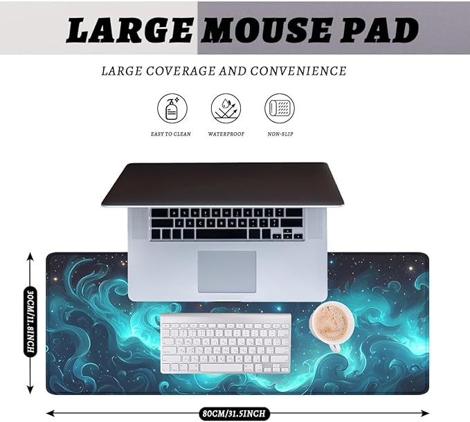 Blue Green Nebula Gaming Mouse Pad Spiral Galaxy Starlight Stars Extended Mousepad Waterproof Stitched Edges Rubber Base Non-Slip Deskmap Computer Keyboard Mat 31.5x11.8 in