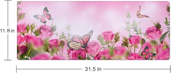 Mouse Pad Gaming, Large Mouse Pads for Desk, Keyboard Mouse Mat Desk Pad, Non-Slip Rubber Base with Stitched Edges Mousepad, 31.5x11.8in Roses Butterfly