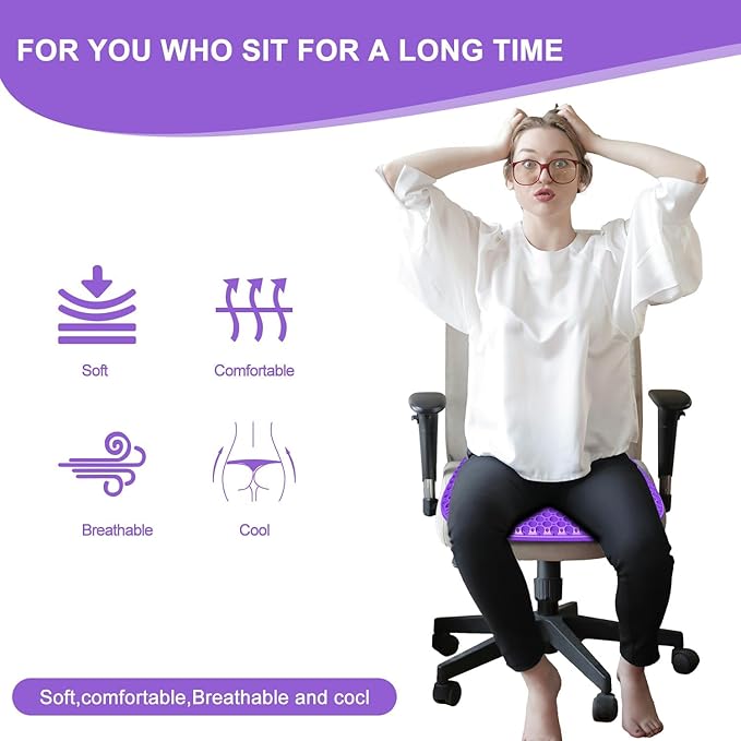 Large Gel Seat Cushion for Long Sitting with Non-Slip Cover, Soft & Breathable, Seat Cushion for Chair, Car, Office, Desk Chair, Wheelchair (17" x 15")