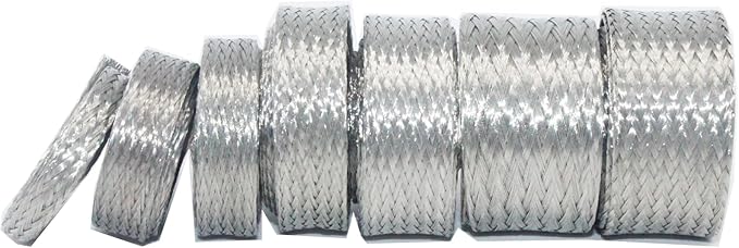 Tinned Copper Braided Cable Shielding Sleeve Metal Wire Loom Sheathing EMI RFI ESD Protector Grounding Mesh Flat Tubular Expandable 5/16" W(0.20" ID)-35FT