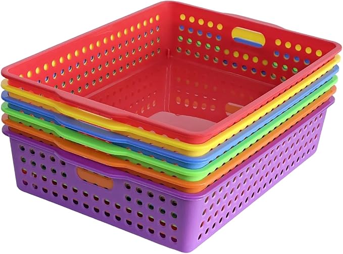 RAUVOLFIA 6 Pack Plastic Turn in Paper Trays for Classroom, Colorful Storage Bin Basket Organizers for School Supplies, Classroom Organization and Storage Tray Holds 4A Paper (Bright Color)