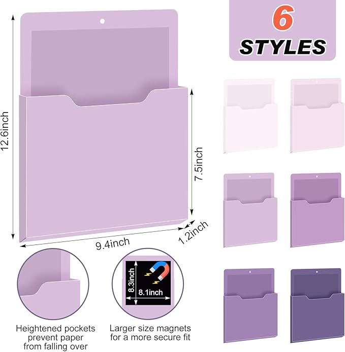 Fuutreo 6 Pcs Magnetic Wall File Organizer Magnetic Wall File Holder Refrigerator Magazine Holder for Mail Letters Paper(Violet Color,Vertical-large)