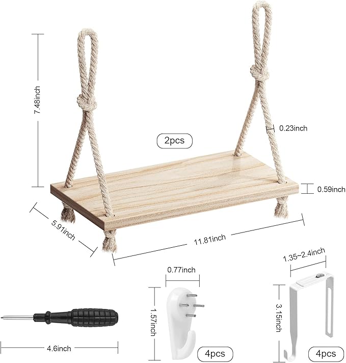 2 Pack Fabric Wall Cubicle Shelf, 11.8" Wooden Hanging Cubicle Shelf Organizer with Hooks, Dual Mounting Options, Cotton Rope Storage Shelf, No-Drill Boho Style for Office Cubicles & Desk Decor