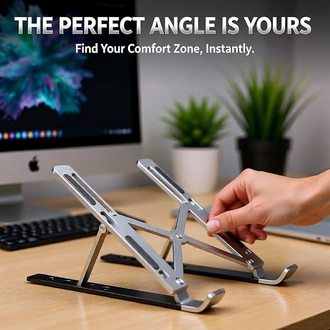 Adjustable Laptop Stand with Cleaning Brush – Aluminum Alloy Ergonomic Riser, Foldable & Portable Ventilated Notebook Holder for Desk, Fits Laptops up to 17.3" -(7 levels ) 23.6"MODEL (SILVER)