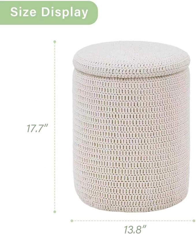 Wimarsbon Pouf Ottoman, 100% Cotton Knitted Boho Footstool, Round Footrest with Non-Skid Wood Legs, Home Décor Handmade Pouffe, Leisure Floor Step Stool for Living Room (14inch White Storage Ottoman)