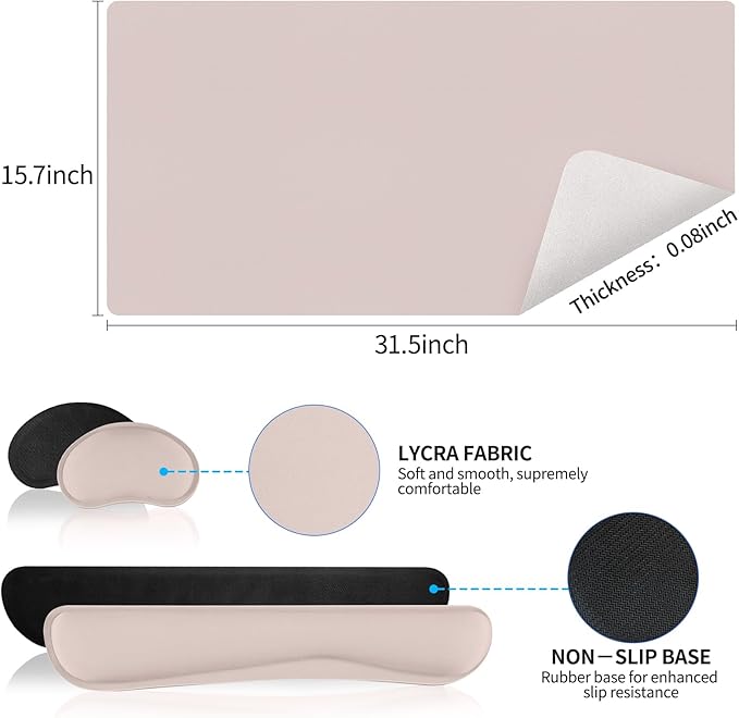 Desk Mat Set， Wrist Rest for Computer Keyboard, 3-in-1 Large Mouse Pad and Keyboard Wrist Rest Set, Non-Slip Desk Mat Protector for Office, Home(27.5×13.8 Inches, CreamPI)