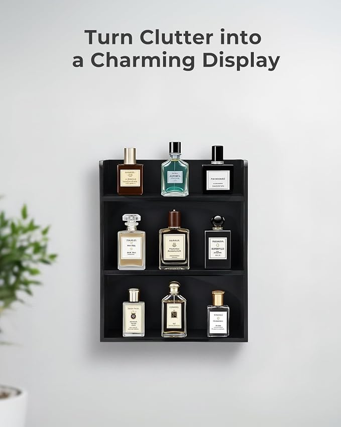 3-Tier Trinket Shelf, 10" x 12" Small Display Shelf for Desk or Wall, Wooden Knick-Knack Shelves for Collectibles, Perfume & Crystal Storage, Black