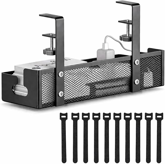 Under Desk Cable Management Tray, Metal Desk Cord Organizer, Adjustable Clamp, No Drill, Durable Desk Cable Organizer – 13.4''