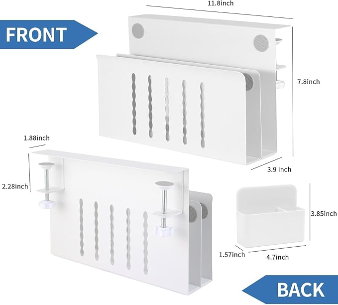 2 Tier Desk Side Storage Organizer, Under Desk Laptop Holder with Magnetic Pen Holder, No Drill Hanging Desk Caddy for Office and Home, Clamp On Desk Shelf for Tablet, Files,Accessories (White)