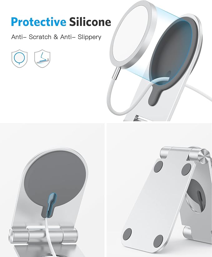 OMOTON Stand for MagSafe Charger, Foldable Phone Stand Holder for MagSafe Accessories， Compatible with iPhone 17/16/15/14/13/12 Pro Max/iPhone Air, [Charger for MagSafe Not Included], Silver